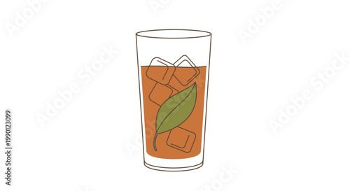 Refreshing glass of iced tea with leaf.