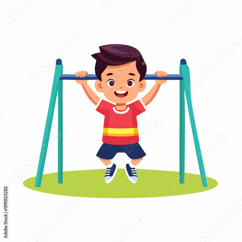 Happy cartoon boy playing on a horizontal bar in a park, enjoying outdoor exercise and childhood fun.