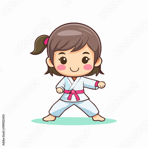Cute cartoon girl in a white martial arts uniform with a pink belt in a dynamic fighting pose.