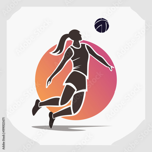 Female volleyball player jumping to spike the ball in a dynamic illustration with a gradient background.