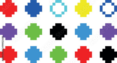 Pixel art icon set featuring various colorful cross symbols Vector Illustration on transparent background for game design and application ui.
