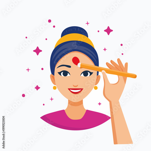 A stylized illustration of a woman applying a traditional red mark to her forehead with a stick.