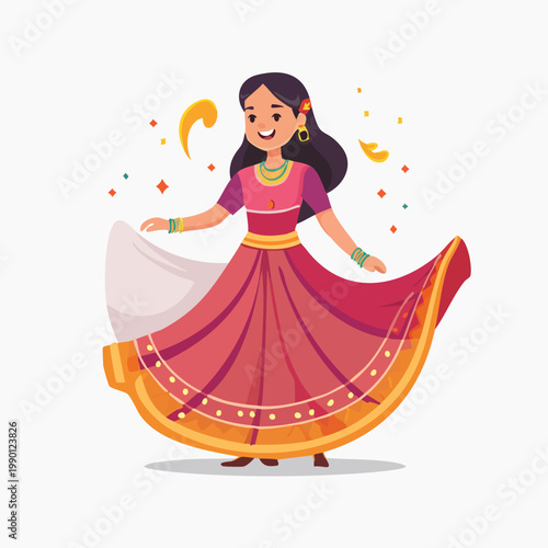 Vibrant illustration of a happy woman in traditional attire dancing with colorful decorative elements.