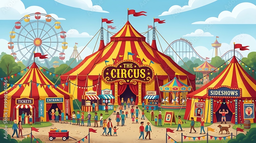 Fototapeta premium colorful circus festival with tents, rides, and crowd illustration