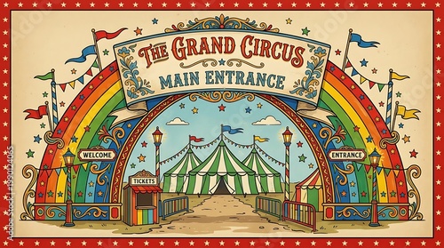 Vibrant circus entrance with rainbow arch and main tent, illustration