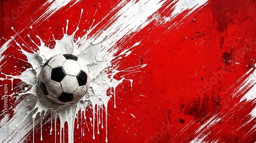 Soccer ball exploding through red background with white paint splatter
