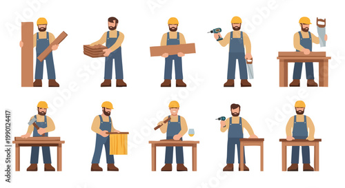 Carpenter Set. Woodworker Collection. Flat Design. Vector Illustration. Construction.