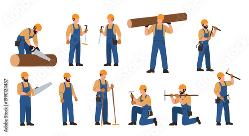 Woodcutter Collection. Lumberjack Set. Flat Design. Vector Illustration. Icon Set.