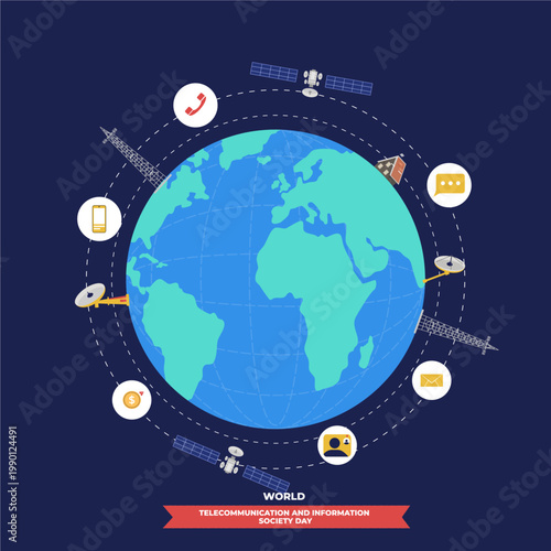 World Telecommunication and Information Society Day Concept with Technology Icons Around Earth
