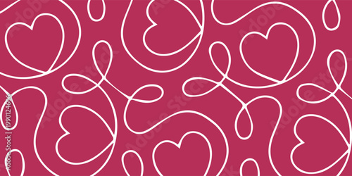 Seamless pattern with continuous line art hearts on a vibrant pink background.