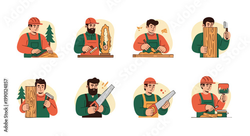Woodworking Craftsmen. Set of illustrations. Flat design. Vector.