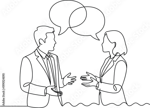 Two people talking and gesturing in a simple line drawing illustration representing communication dialogue interaction and expressive body language in modern minimal vector art style