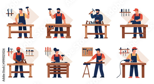 Carpenters at Work. Woodworking. Flat Design. Vector Illustration. Workshop Scene.