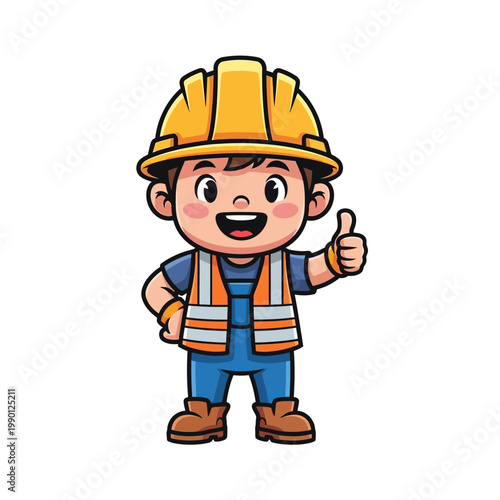 Happy cartoon construction worker giving a thumbs up, wearing a hard hat and safety vest, illustrating a positive work ethic and job satisfaction in the building industry