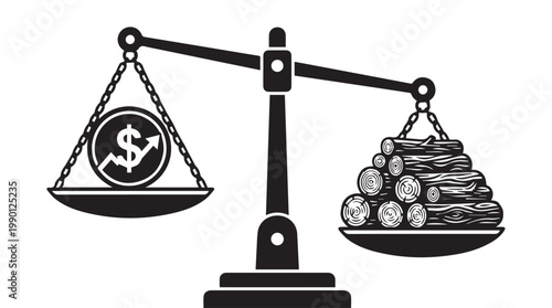 Balanced scale with dollar sign and gold bars, flat design vector illustration