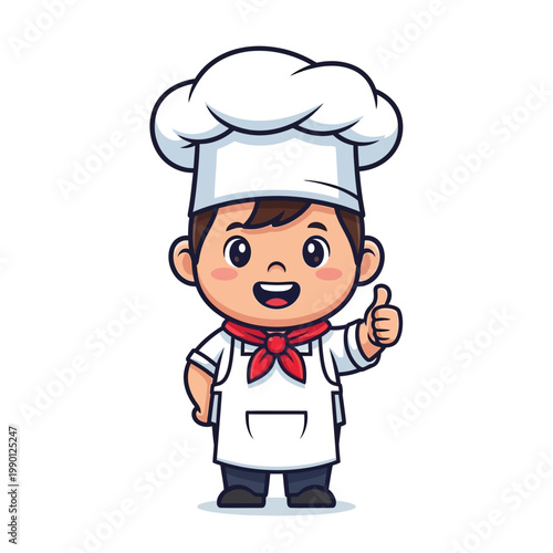 Happy little boy chef cartoon character in white uniform giving a cheerful thumbs-up gesture, perfect for culinary and food-related businesses, children's cooking classes, or restaurant branding