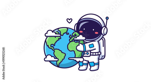 Cute astronaut hugging planet Earth with clouds and heart symbol
