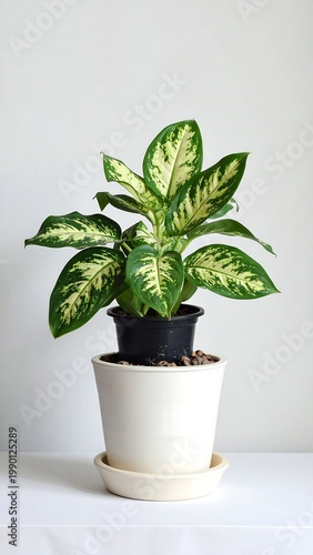 A potted plant with green and yellow leaves on a table (1)