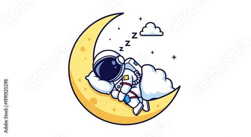 Cute astronaut sleeping peacefully on a crescent moon with clouds and stars