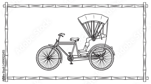 Vintage tricycle with covered passenger seat, black and white line vector illustration