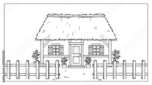Charming cottage with white picket fence and potted plants, cozy home vector illustration