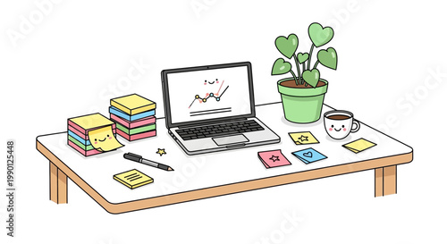 Cute Cartoon Desk with Laptop, Plant, and Supplies