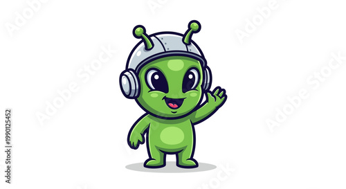 Cute cartoon green alien character wearing a helmet and headphones, waving hello
