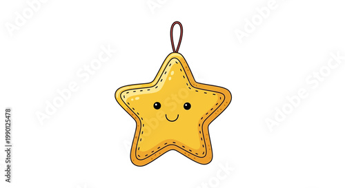 Cute cartoon illustration of a smiling yellow star-shaped ornament with stitched edges.