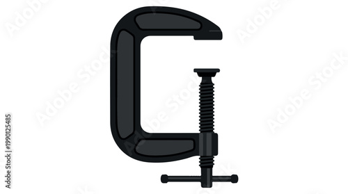 Black metal c clamp with screw fastening, minimalist vector illustration