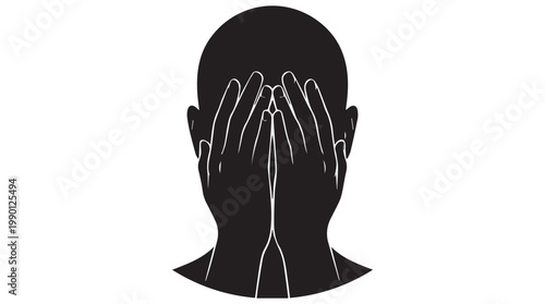 Person covering eyes with hands, expressive black silhouette vector illustration
