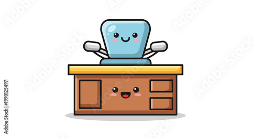 Cute Cartoon Office Chair and Desk with Smiling Faces