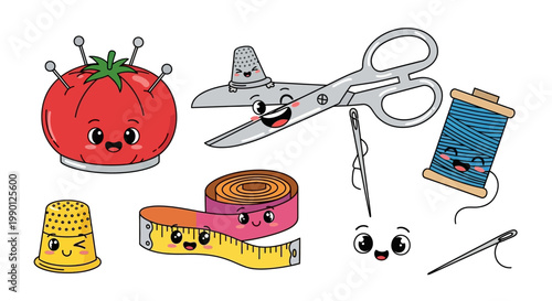 Cute Cartoon Sewing Tools and Accessories Illustration
