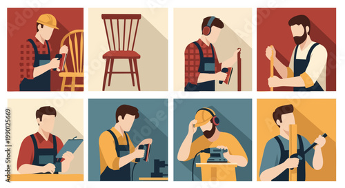Woodworking Craftsmen. Carpenter Collection. Flat Design. Vector Illustration. Set.