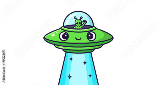 Cute green alien waving from a flying saucer with a light beam