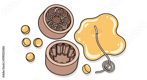 Dalgona candy making elements: golden sugar puddle, patterned molds, and small round candies.