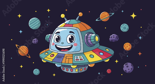 Friendly Cartoon Spaceship Flying Through Outer Space.