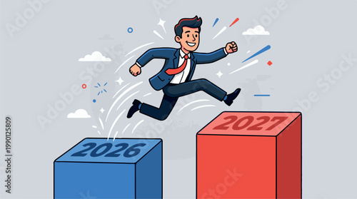Business professional leaping from 2026 to 2027 growth milestone, dynamic vector illustration