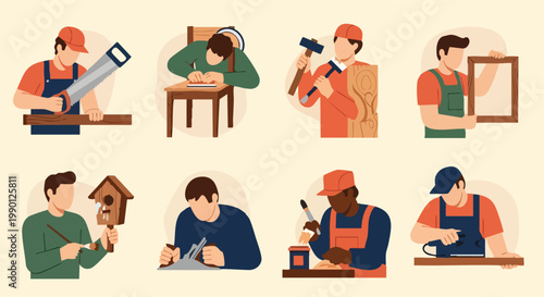Carpenters and Craftsmen at Work. Woodworking. Diverse Artisans. Flat Illustration.
