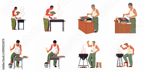 Illustration set of various men grilling meat on charcoal grills, depicting street food vendors and outdoor barbecue activities in a flat vector style.