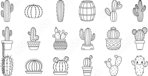 Large collection of hand drawn potted houseplant icons featuring various lush green foliage and tropical leaves in decorative colorful ceramic pots in a clean flat vector style.