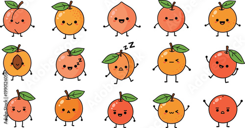 Large collection of cute cartoon peach and apricot characters with various facial expressions and poses for healthy fruit food themed designs.