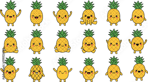Large collection of cute cartoon pineapple characters with various facial expressions and poses for tropical summer fruit food themed designs.