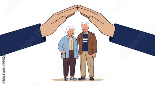 Elderly couple supported by two hands forming a protective roof, flat design vector illustration