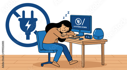 Exhausted woman sleeping at desk with power outage and system error warning, flat design vector illustration