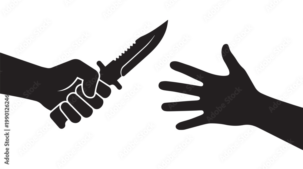 Obraz premium Conflict vector illustration showing hand gripping knife against open palm, black and white flat design