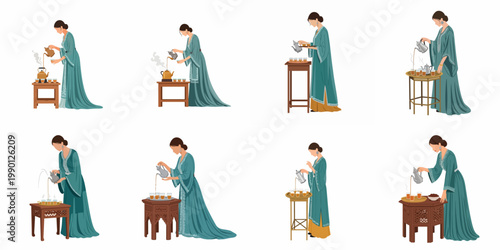 Set of illustrations showing an Arab woman in a traditional teal kaftan pouring tea using classic teapots and glasses, representing Middle Eastern hospitality.