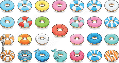 Large collection of colorful inflatable swimming rings and lifebuoys with various patterns and animal shapes for summer pool party leisure activities.