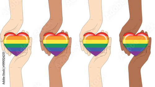Multicultural diverse human hands holding glossy rainbow pride hearts to represent LGBTQ inclusion, social equality, love, and community support.