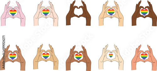 Diverse multicultural human hands forming heart shapes with rainbow pride flag colors for LGBTQ community support and social inclusion, equality, and love.