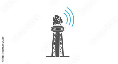 a gray tower with a satellite dish on top emitting blue signal waves.